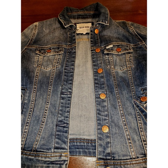 Salsa Brand Blue Jean‎ Denim Crop Trucker Style Jacket Womans Size Medium - Picture 6 of 10